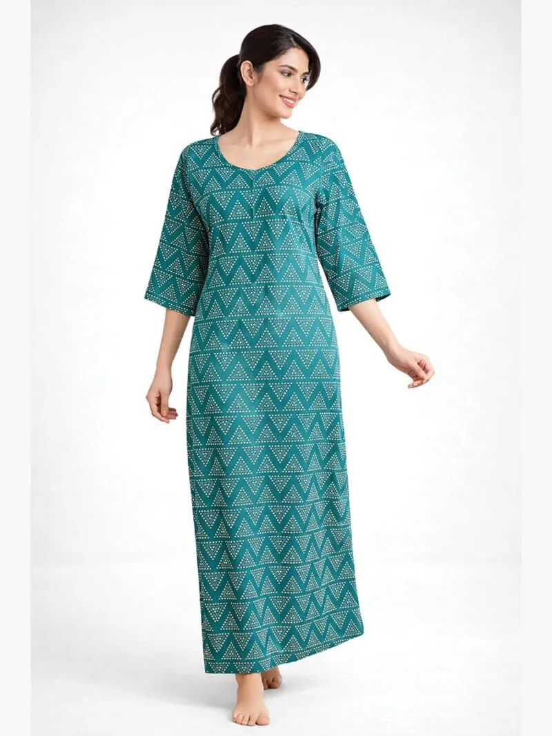 Women's Pure Cotton Zipper Nighty, Green